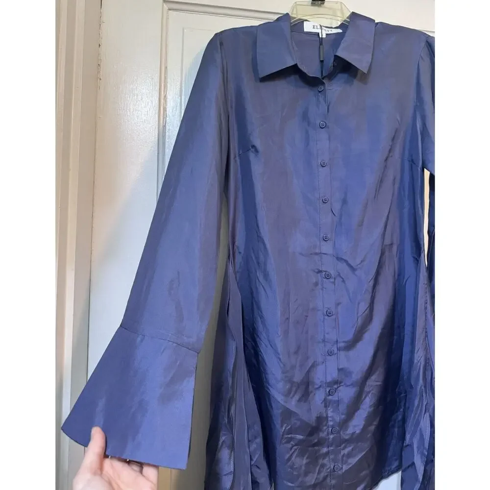 NWT Elliatt Anthropologie Moonlit Blue Silk Button Up Mini Dress Size Small - Picture 9 of 16